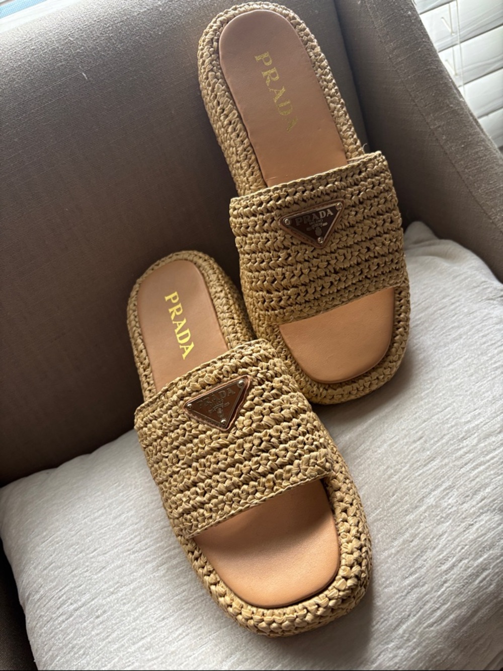Prada Tan Woven Slide Mules with Logo Triangle